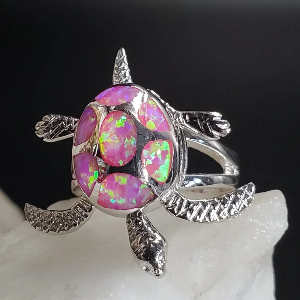 Solid Sterling Silver 925 Ring Opal Stone Turtle Animal Unique Jewelry